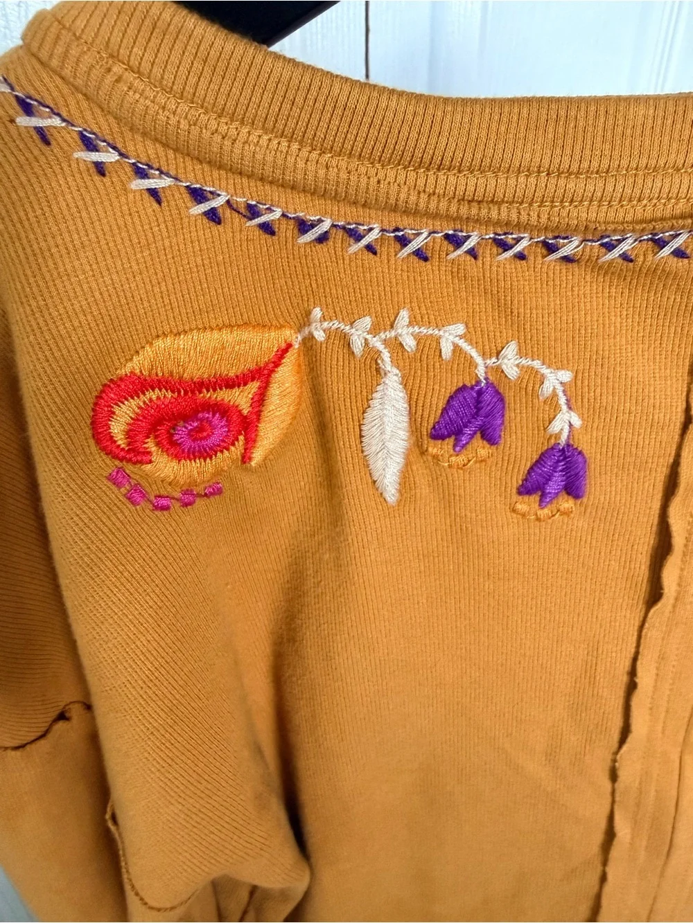 Free People Embroidered Boho Henley Pullover Mustard Floral Size L